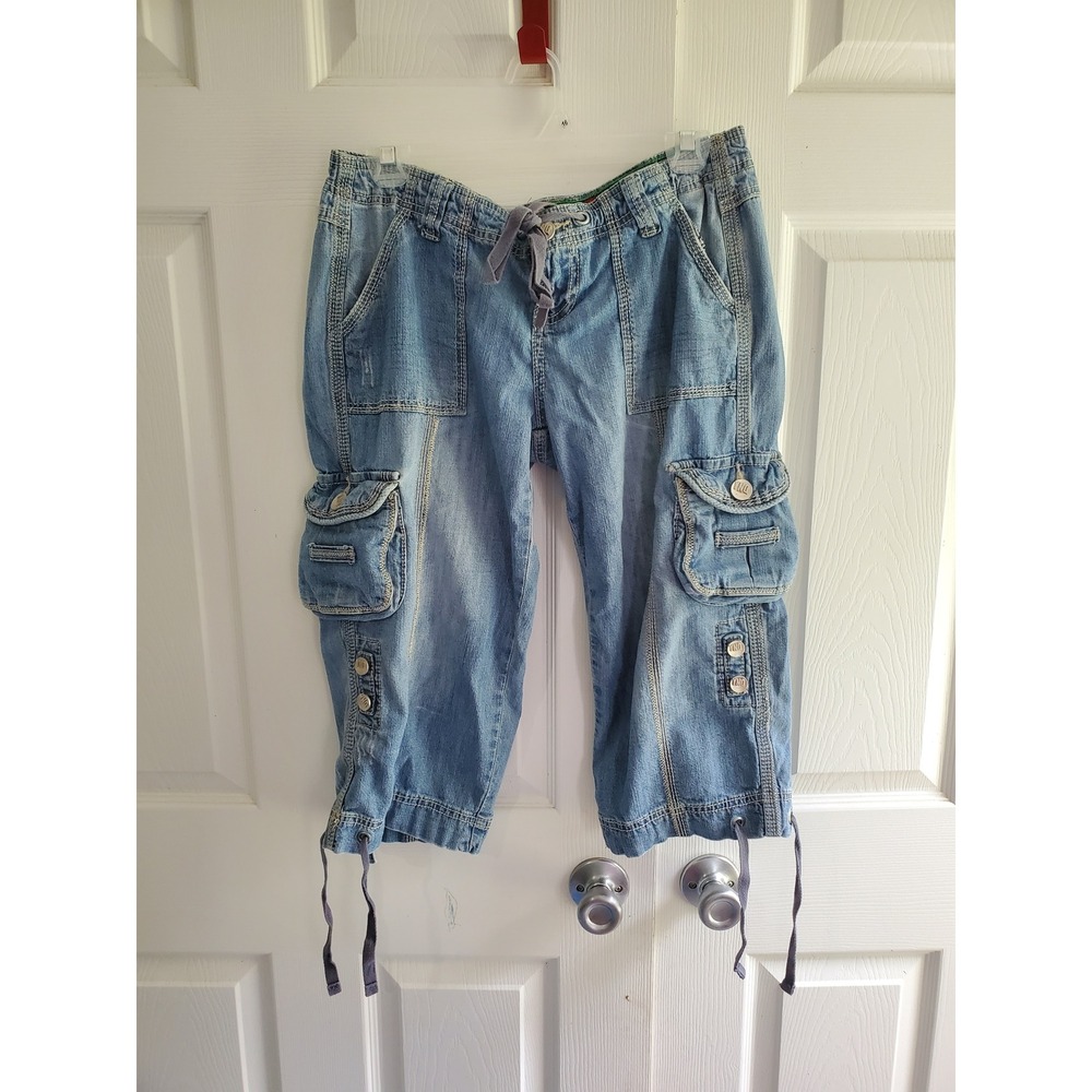YNO Denim Womens Size 7 Blue Light Wash Cargo Capri Pants Y2K Drawstring Cropped